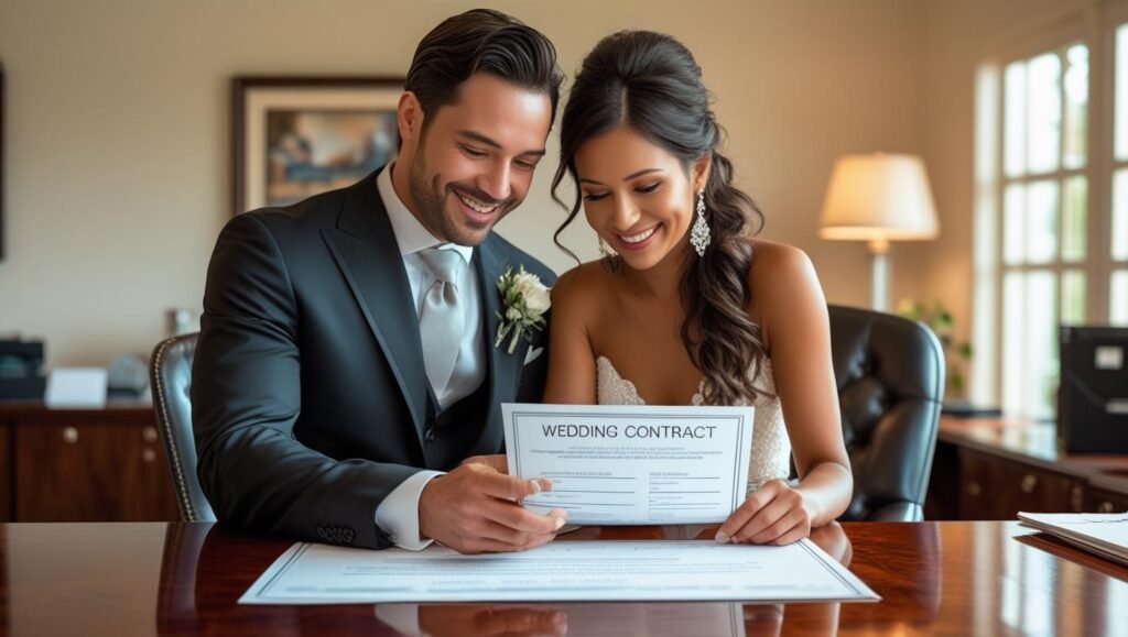 A wedding planner and couple finalizing the booking