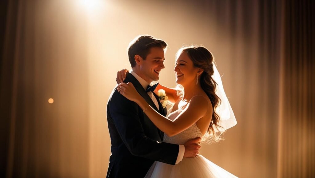 Bride and groom dancing under soft lighting