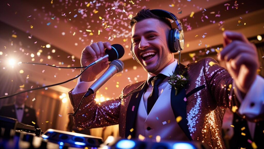 DJ announcing the couple’s entrance with a microphone