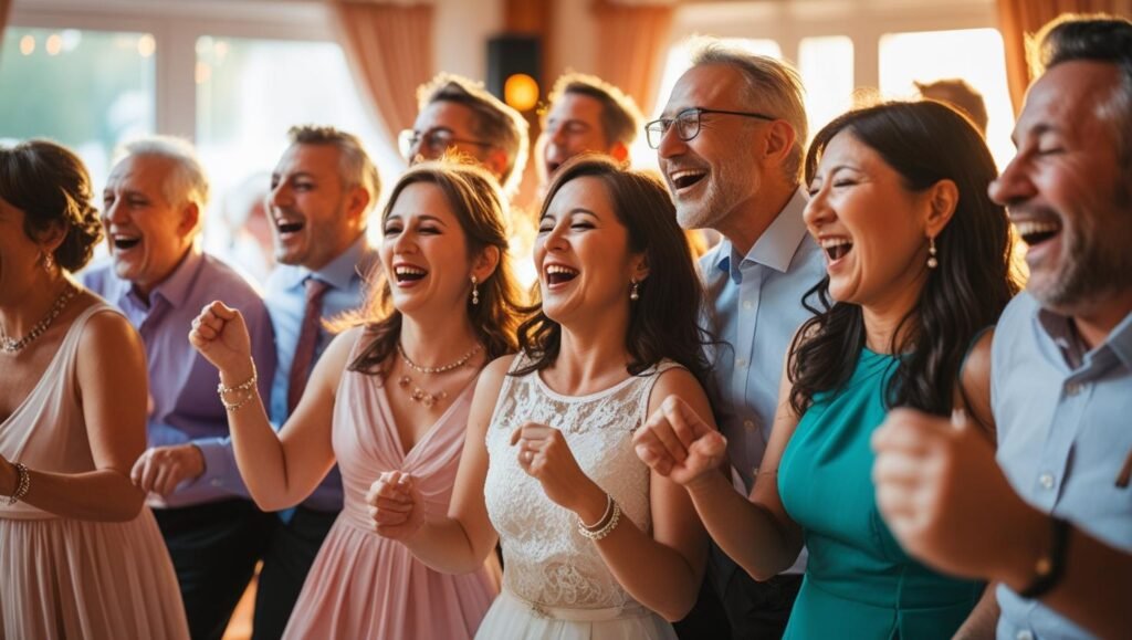 Guests singing along and dancing together