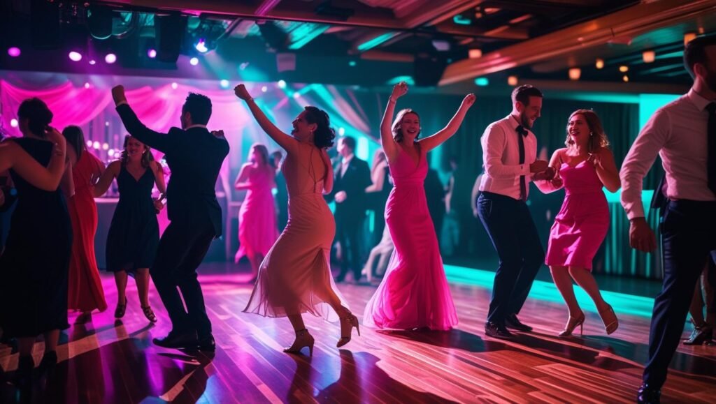 Venue with vibrant lighting and guests on the dance floor